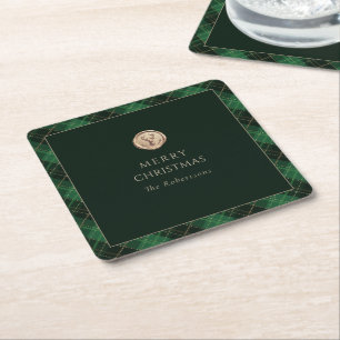 Elegant Green Plaid Merry Christmas Square Paper Coaster