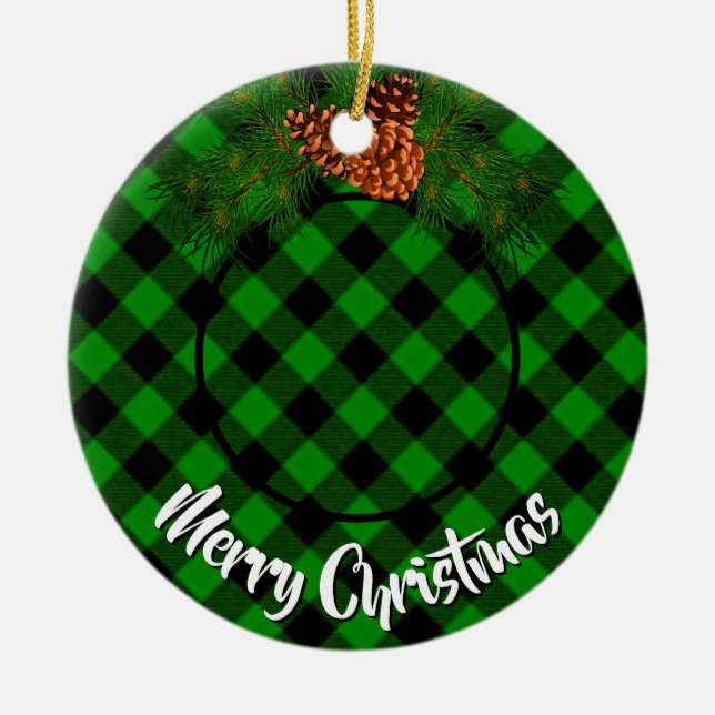 Elegant green plaid pinecone photo template ceramic ornament (Front)
