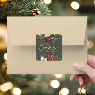 Elegant Green Plaid Poinsettias Merry Christmas Square Sticker