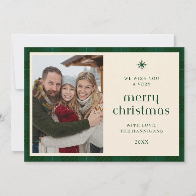 Elegant Green Plaid Tartan Chic Flat Holiday Card (Front)