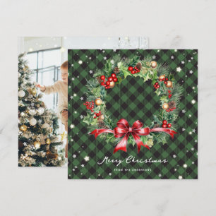 Elegant Green Plaid Wreath Photo Merry Christmas Holiday Card