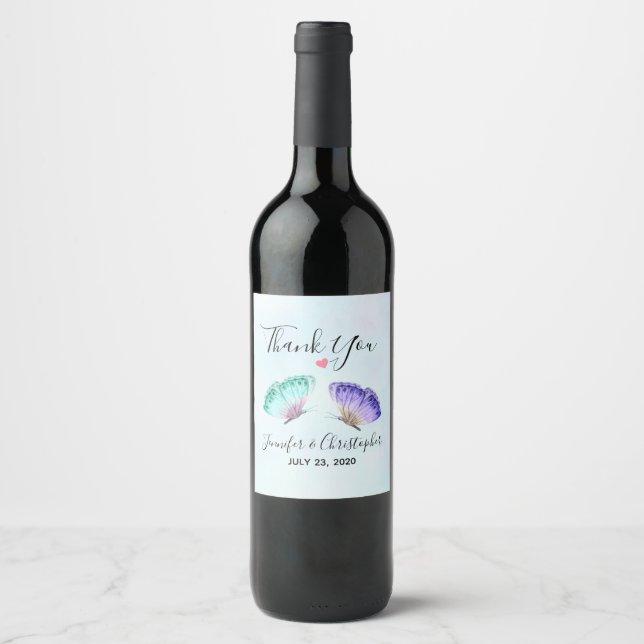 Elegant Green & Purple Watercolor Butterflies Wine Label (Front)