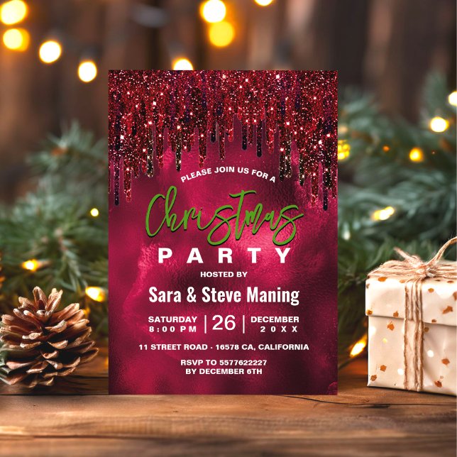 Elegant green red faux glitter drips Christmas  Invitation (Creator Uploaded)
