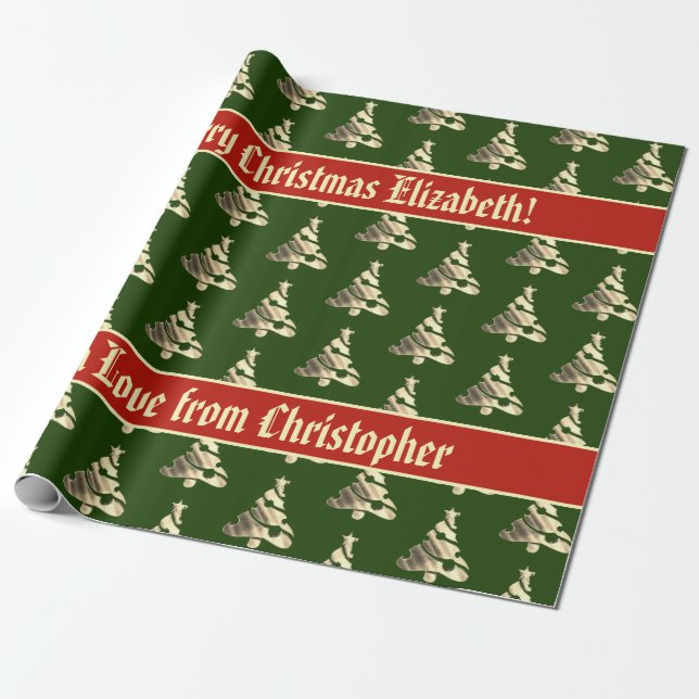 Elegant Green Red Faux Gold Christmas Tree Pattern Wrapping Paper (Unrolled)