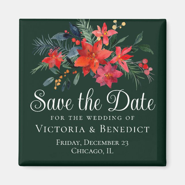 Elegant Green Red Floral Christmas Save the Date Magnet (Front)