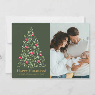 Elegant Green & Red Gold Botanical Family Photo Holiday Card