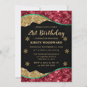 Elegant Green Red & Gold Snowflake 21st Birthday Invitation