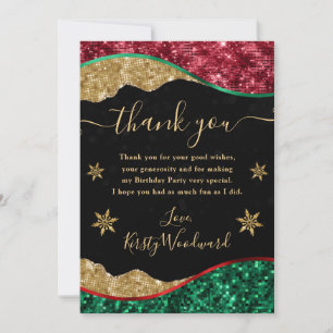 Elegant Green Red & Gold Snowflake Birthday Thank You Card