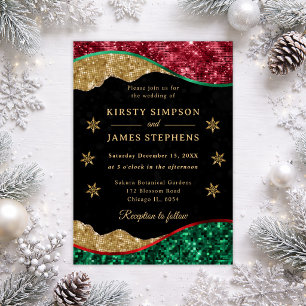 Elegant Green Red & Gold Snowflake Wedding Invitation