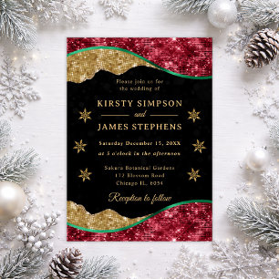 Elegant Green Red & Gold Snowflake Wedding Invitation
