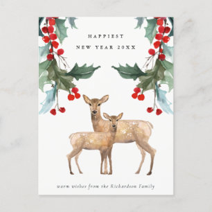 ELEGANT GREEN RED HOLLY BERRY DEER DUO NEW YEAR HOLIDAY POSTCARD