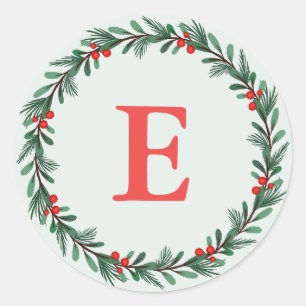 Elegant Green Red Monogram Christmas Wreath Classic Round Sticker