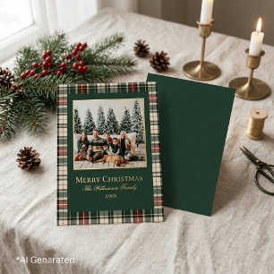 Elegant Green & Red Plaid Christmas Family Photo Foil Holiday Postcard