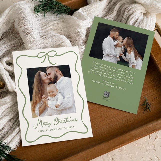 Elegant Green Ribbon Bow 2 Photo Holiday Card (Creator Uploaded)