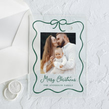 Elegant Green Ribbon Bow Photo Holiday Card