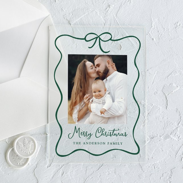 Elegant Green Ribbon Bow Photo Holiday Card Acrylic Invitations (Creator Uploaded)