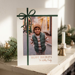 Elegant Green Ribbon Framed Photo Foil Holiday Card