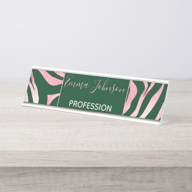 Elegant Green Rose Gold Glitter Zebra Desk Name Plate (Front)