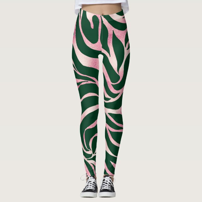Elegant Green Rose Gold Glitter Zebra Leggings (Front)