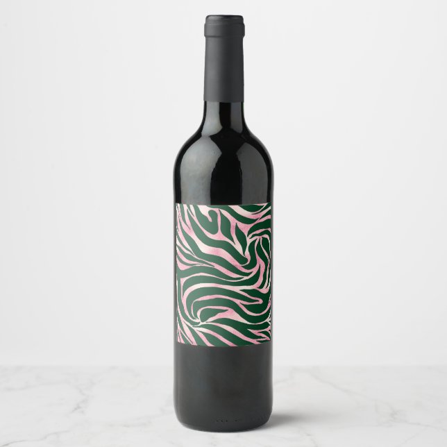 Elegant Green Rose Gold Glitter Zebra Wine Label (Front)