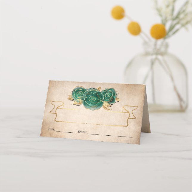 Elegant Green Rose Gold Parchment Folded Table Place Card (Front)