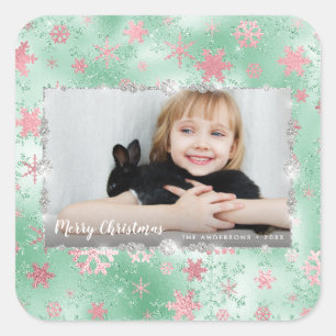 Elegant green rose gold snowflakes custom photo square sticker