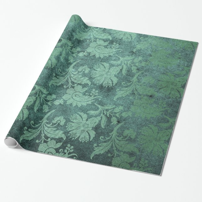 Elegant green royal damask floral pattern wrapping paper (Unrolled)