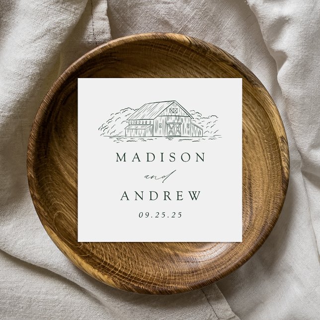Elegant Green Rustic Barn Personalized Wedding Napkin (Creator Uploaded)
