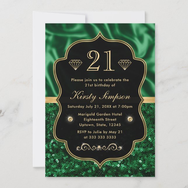 Elegant Green Satin & Glitter Gold Frame Birthday Invitation (Front)