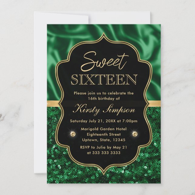 Elegant Green Satin & Glitter Gold Frame Sweet 16 Invitation (Front)