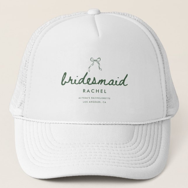 Elegant Green Script Coquette Bridesmaid's Name Trucker Hat (Front)