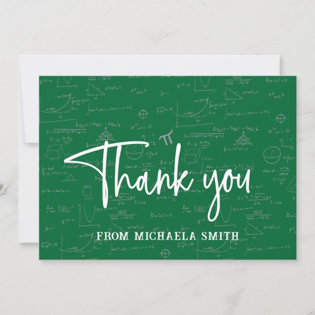Elegant Green Script Typography Math Graduation Thank You Card (Front)