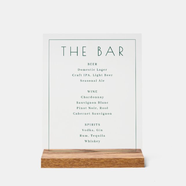Elegant Green Serif Bar Menu Acrylic Sign (Front)