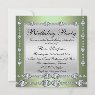 Elegant Green & Silver Diamond Birthday Invite