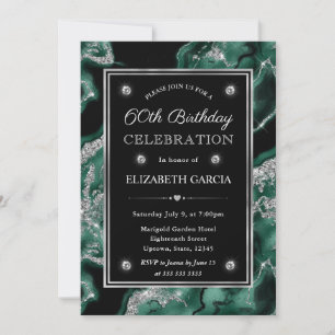 Elegant Green & Silver Glitter Agate 60th Birthday Invitation