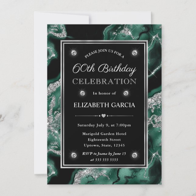 Elegant Green & Silver Glitter Agate 60th Birthday Invitation (Front)