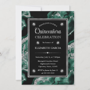 Elegant Green & Silver Glitter Agate Quinceanera Invitation