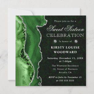 Elegant Green Silver Glitter Agate Sweet 16 Invitation