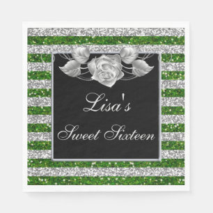Elegant Green Silver Glitter Silver Rose Sweet 16 Napkin