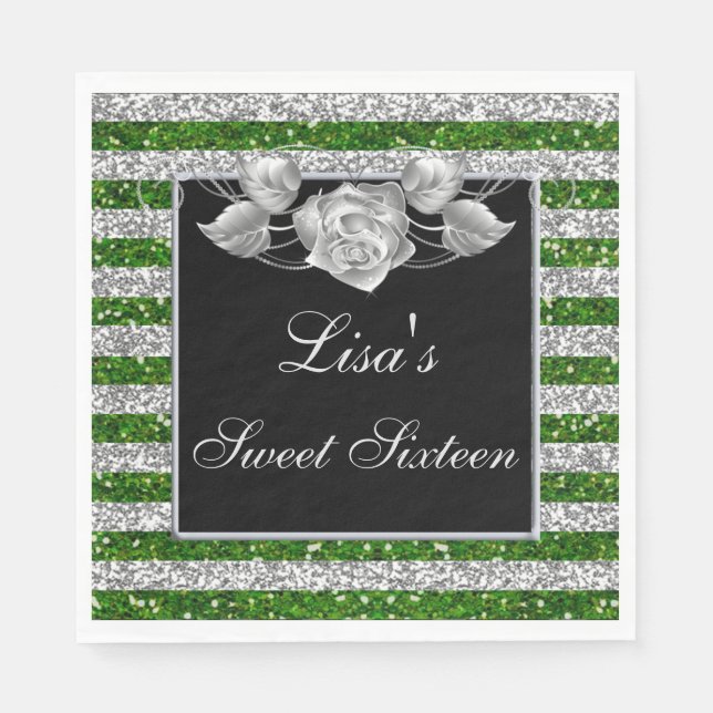 Elegant Green Silver Glitter Silver Rose Sweet 16 Napkin (Front)