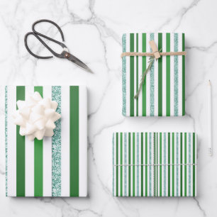 Elegant Green & Silver Glitter Stripes Wrapping Paper Sheet