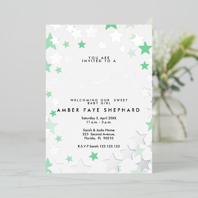 Elegant Green & Silver Sip and See Welcome Baby (Standing Front)