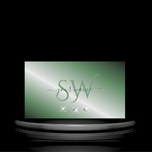 Elegant Green Silver Sparkling Diamonds Monogram Business Card