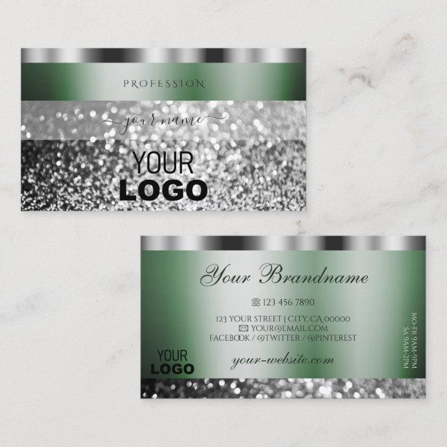 Elegant Green Silver Sparkling Glitter with Logo Business Card (Front/Back)