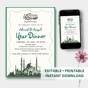 Elegant Green Sketch Mosque Iftar Dinner Invitation