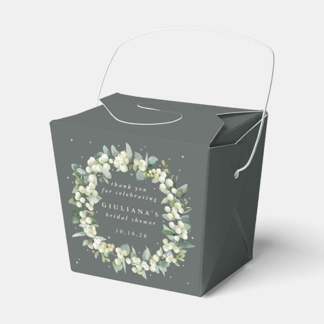 Elegant Green Snowberry+Eucalyptus Bridal Shower Favor Box (Front Side)