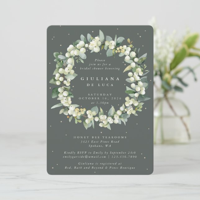 Elegant Green Snowberry+Eucalyptus Bridal Shower Invitation (Standing Front)