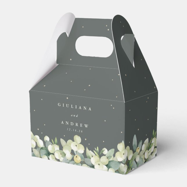 Elegant Green Snowberry+Eucalyptus Winter Wedding Favor Box (Front Side)