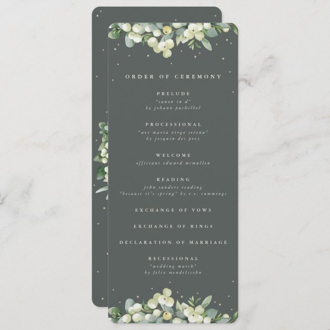 Elegant Green Snowberry+Eucalyptus Winter Wedding Program (Front/Back)