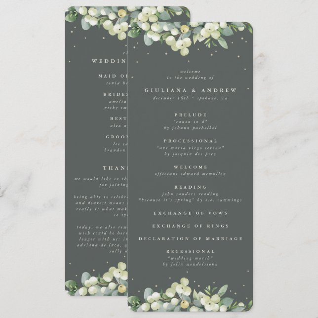 Elegant Green Snowberry+Eucalyptus Winter Wedding Program (Front/Back)